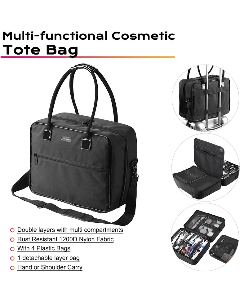 Byootique Makeup Bag Soft Sided Cosmetic Train Case 2 Layer Hangbag 4 Pouches