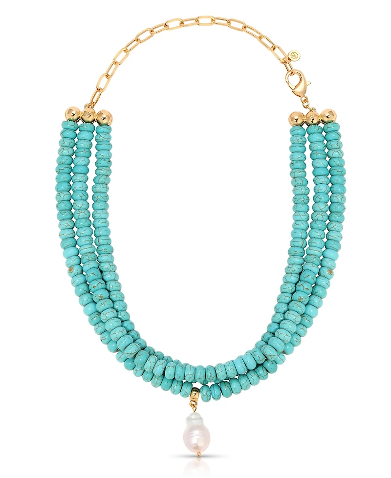 Ettika Triple Strand Turquoise Statement Necklace with Cultivated Pearl Dangle