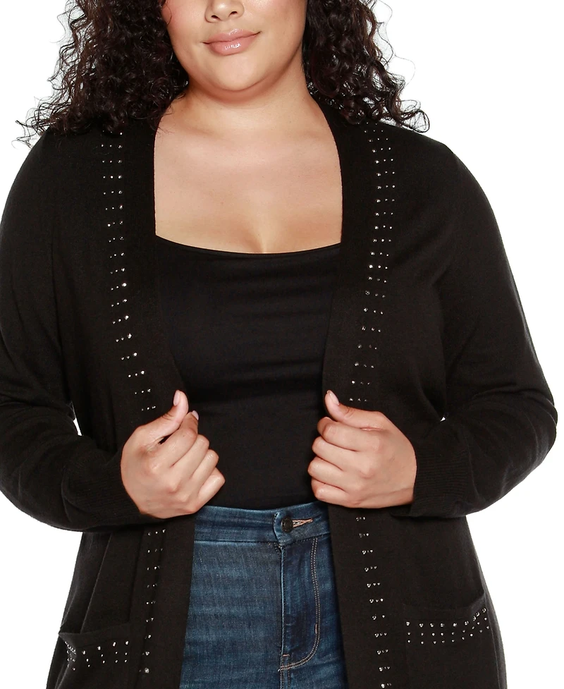 Belldini Black Label Plus Rhinestone-Trim Belted Duster Cardigan Sweater