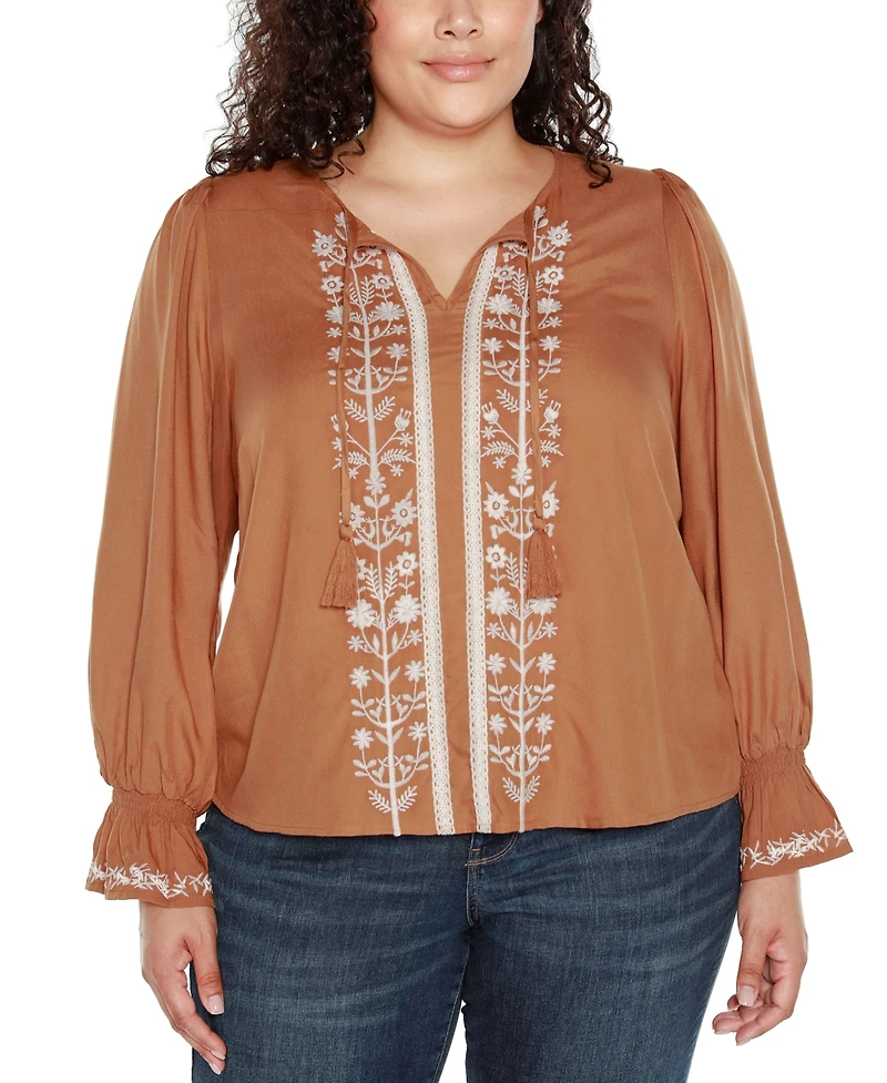 Belldini Black Label Plus Size Tie-Neck Embroidered-Front Blouse