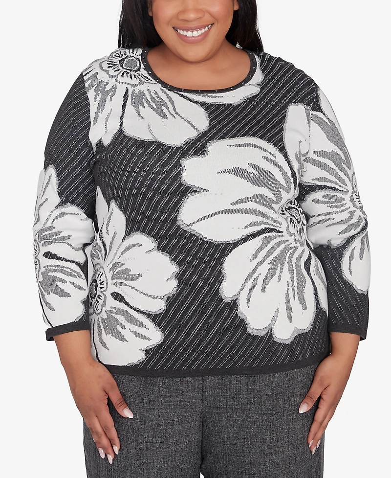 Alfred Dunner Plus Size Worth Avenue Bold Floral Textured Sweater