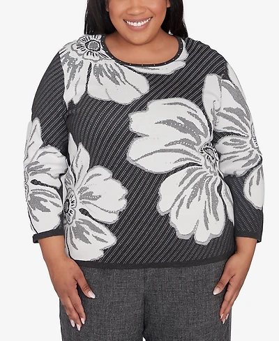 Alfred Dunner Plus Size Worth Avenue Bold Floral Textured Sweater