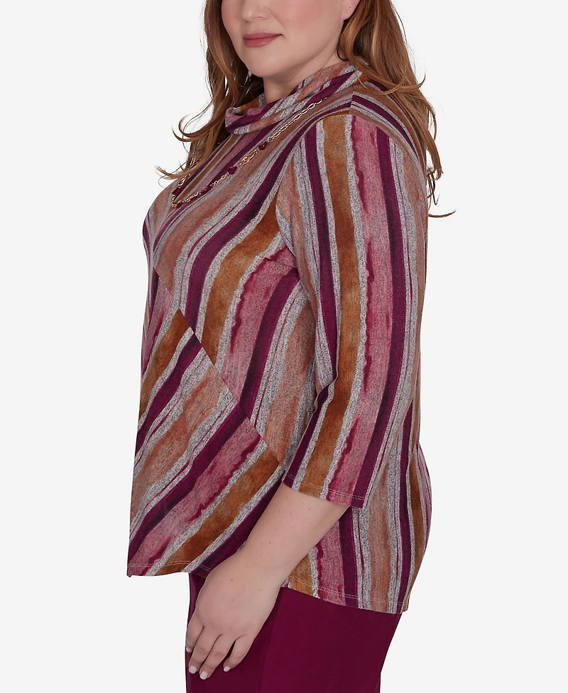 Alfred Dunner Plus Size Wine Country Spliced Stripe Cowl Neck Top With Necklace
