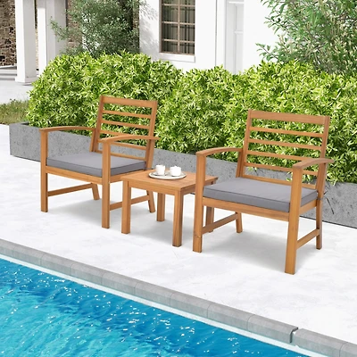 Gymax 3PCS Furniture Set Acacia Wood Conversation Set w/ Soft Seat Cushions Outdoor