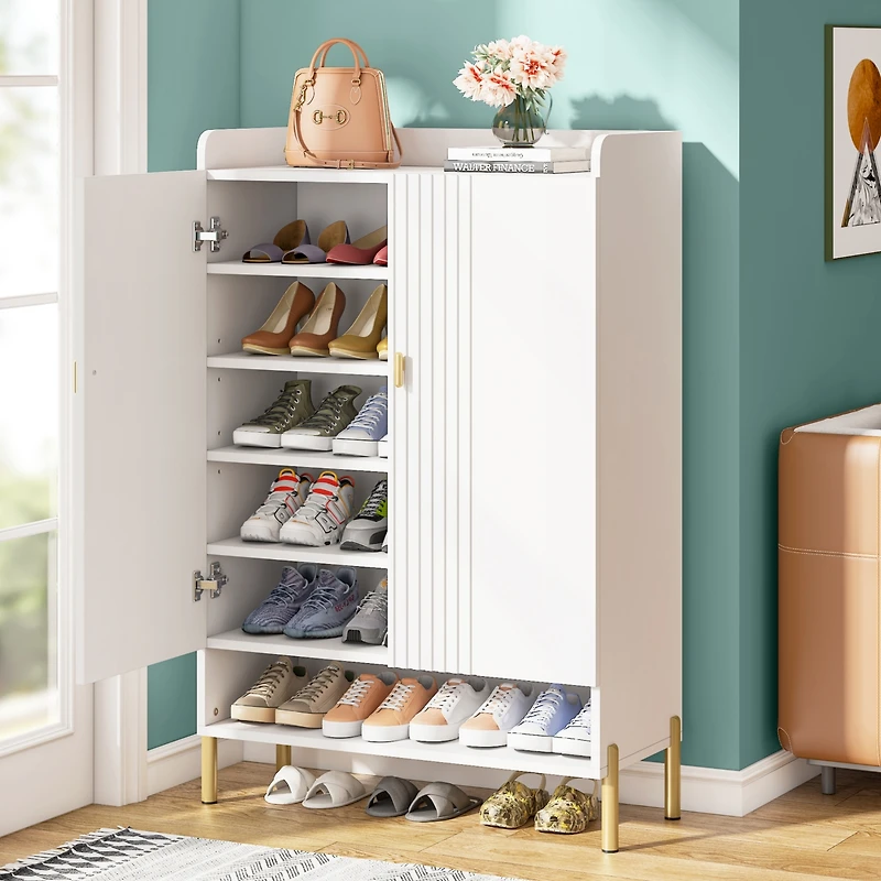 Tribesigns Shoe Cabinet Storage Entryway: Slim 6-Tier Shoe Organizer Cabinet with Adjustable Shelves, Freestanding Wood Shoe Rack with Doors for Entry