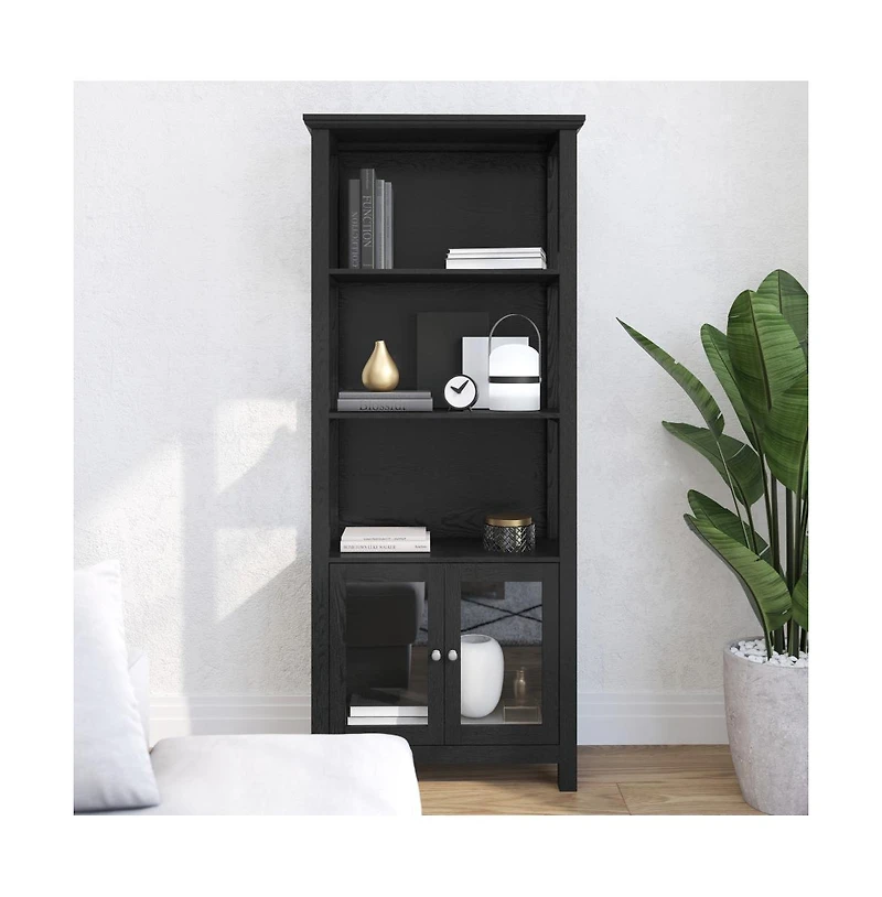 Omaha Modern Farmhouse Storage Cabinet Bookcase, Glass Doors And Open Shelves