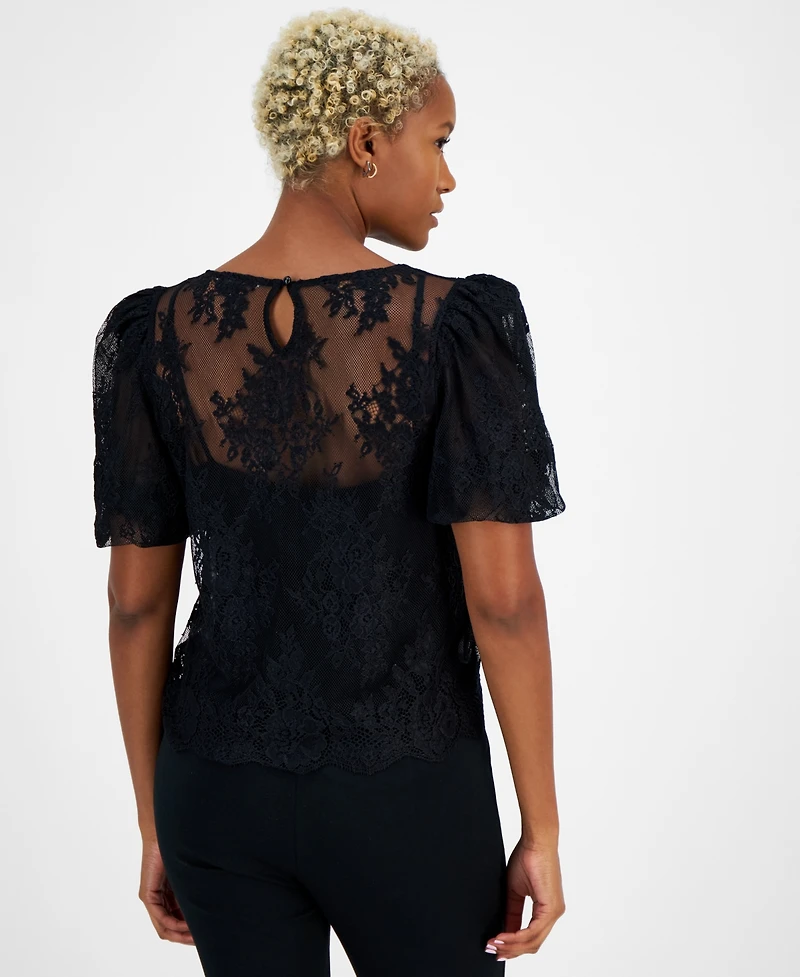 Bar Iii Women's Round-Neck Lace Blouse, Created for Macy's