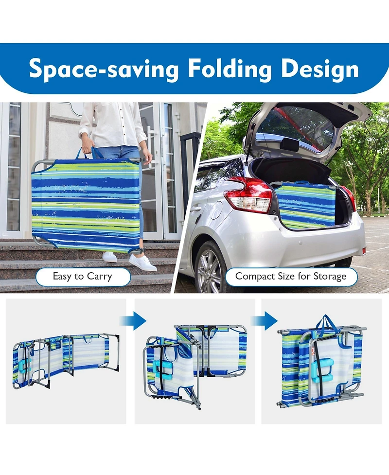 Gymax Goplus 2PCS Outdoor Beach Lounge Chair Folding Chaise Lounge w/ Pillow Blue & Green