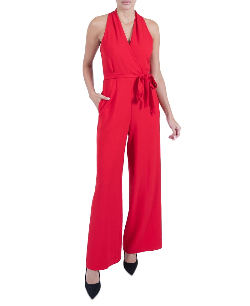 julia jordan Women's Belted Wide-Leg Halter Jumpsuit