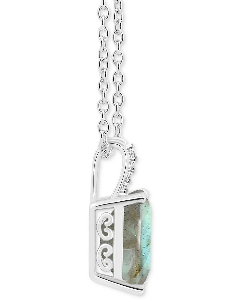 Labradorite & Diamond Accent Emerald-Cut 18" Pendant Necklace Sterling Silver (Also Onyx)