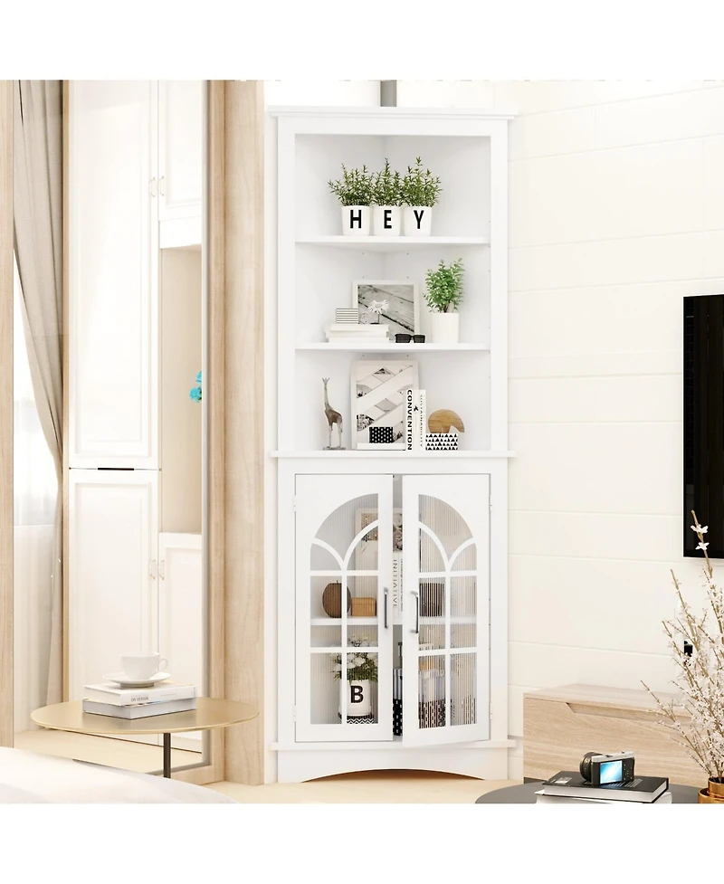 Mondawe 63.3inch White Corner Storage Cabinet Tall Freestanding Bookcase with Doors&Adjustable Shelves