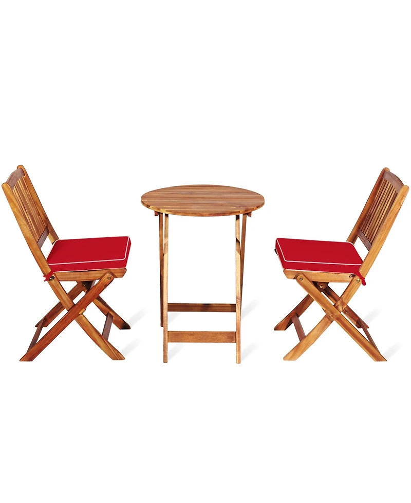 Gymax 3PCS Folding Acacia Wood Bistro Set Patio Conversation Set w/ Red Cushions