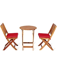 Gymax 3PCS Folding Acacia Wood Bistro Set Patio Conversation Set w/ Red Cushions
