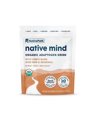 NativePath Native Mind Organic Adaptogen Herbal Support Blend - Organic Mushroom Drink Powder with Lion's Mane, Rhodiola & Rose Hips - 30 Servings