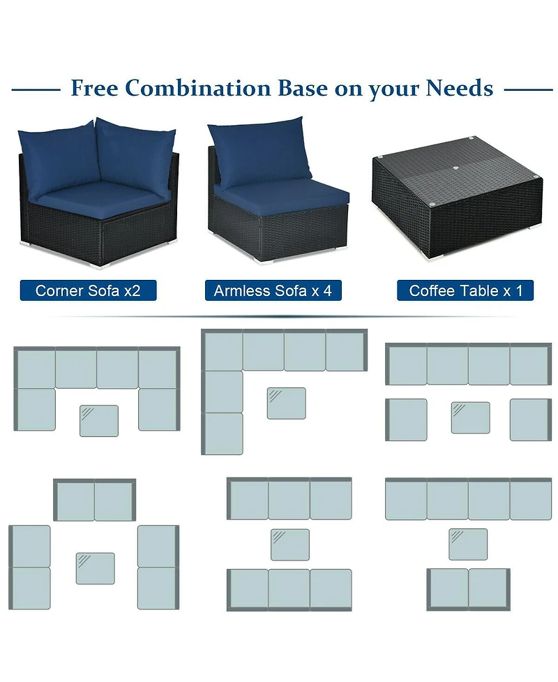 Sugift 7 Pieces Sectional Wicker Furniture Sofa Set with Tempered Glass Top-Navy