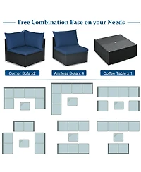 Sugift 7 Pieces Sectional Wicker Furniture Sofa Set with Tempered Glass Top-Navy