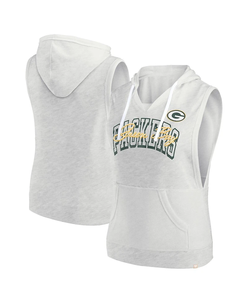 Fanatics Women's Oatmeal Green Bay Packers Lounge Script Sleeveless V-Neck Pullover Hoodie