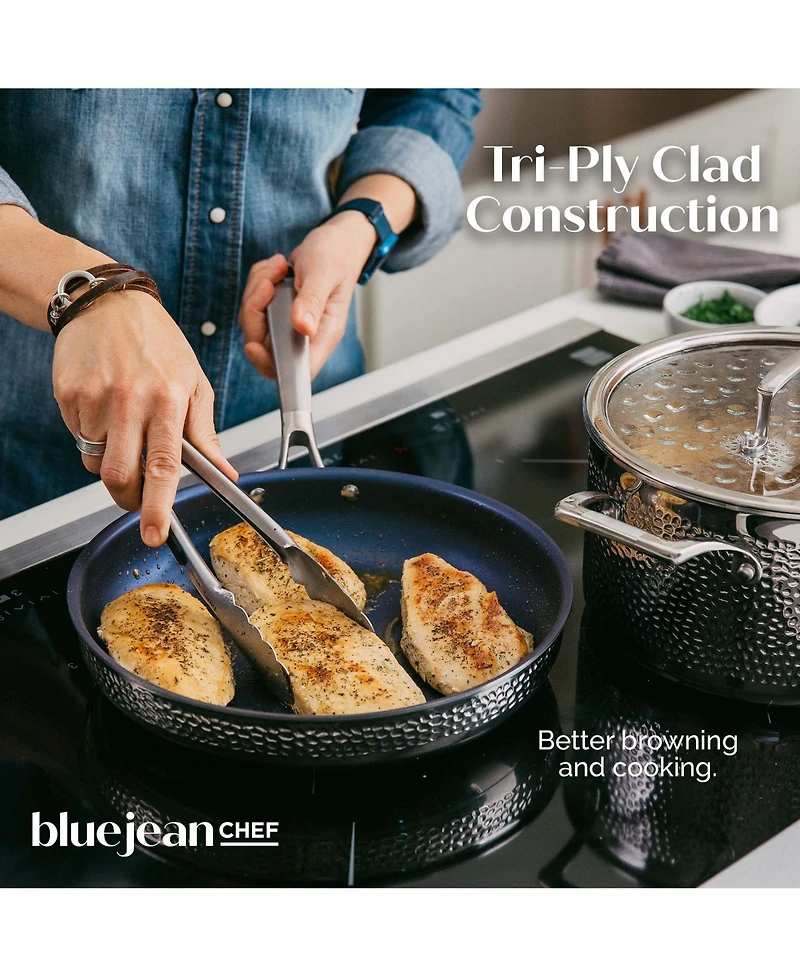 Blue Jean Chef 9-Piece Stainless Steel Cookware Set, Hammered Finish, Tri-Ply Construction Clad Cookware, Nonstick Induction, Oven & Dishwasher Safe
