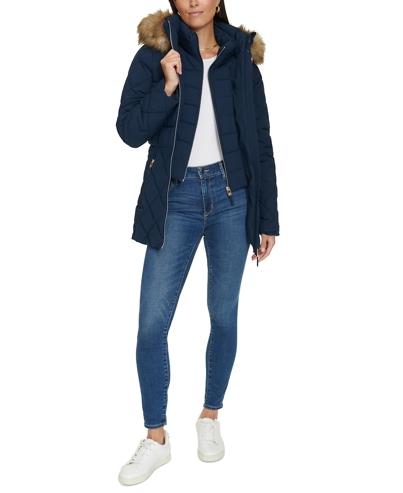Tommy Hilfiger Women's Bibbed Faux-Fur-Trim Hooded Puffer Coat, Created for Macy's