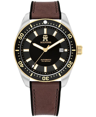 Tommy Hilfiger Men's Automatic Black Silicone and Brown Leather Watch 40mm