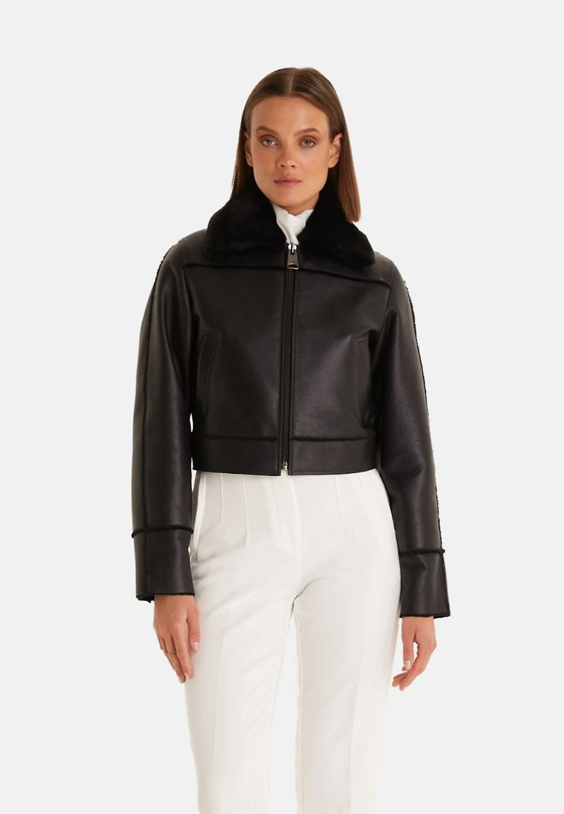 Furniq Uk Women's Genuine Shearling Jacket, Silky Black Inner Wool