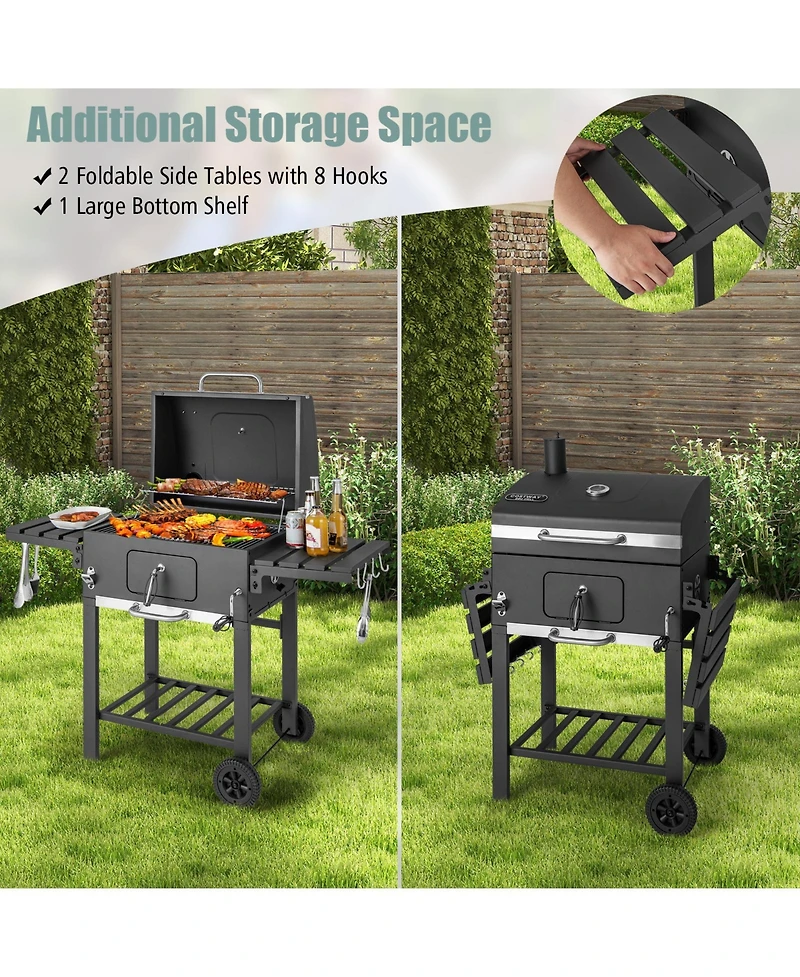 Slickblue Outdoor Bbq Charcoal Grill with 2 Foldable Side Table and Wheels
