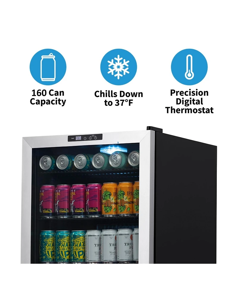 Newair 160 Can Freestanding Beverage Fridge in Stainless Steel with Split Shelf and Precision Digital Thermostat