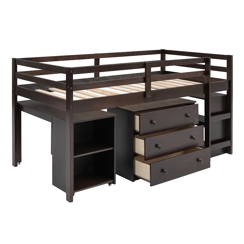 Streamdale Low Study Twin Loft Bed With Cabinet And Rolling Portable Desk