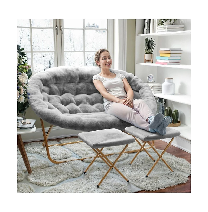 Janey Folding Double Saucer Chair With 2 Ottomans And Steel Frame For Dorm Or Bedroom