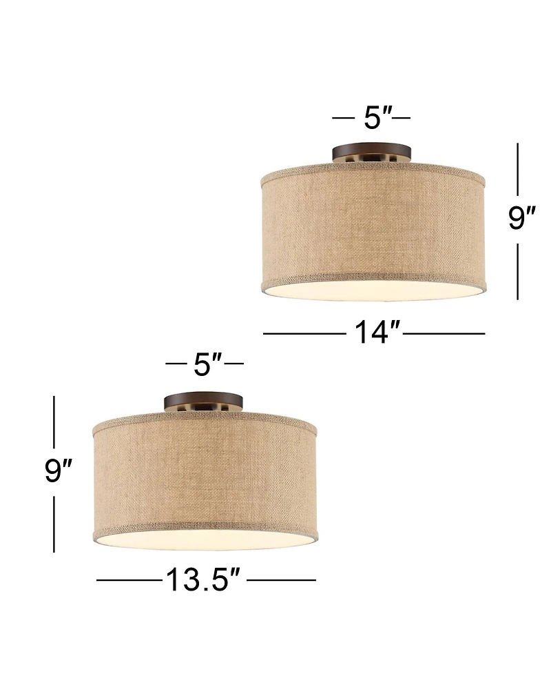 360 Lighting Adams Modern Ceiling Light Semi Flush Mount Fixtures 14" Wide Set of 2 Bronze Burlap Fabric Drum Shade for Bedroom Kitchen Living Ro