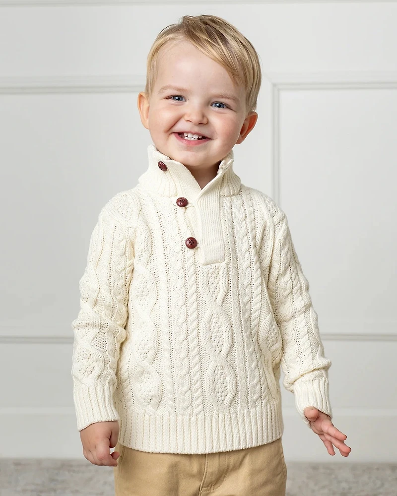 Hope & Henry Boys Organic Mock Neck Cable Sweater with Buttons