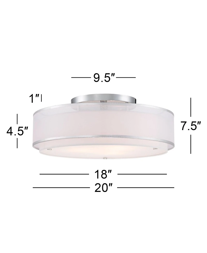 Possini Euro Design Modern Ceiling Lighting Semi Flush Mount Fixture 20" Wide Chrome 3-Light Sheer Outer Off White Inner Drum Shade for Bedroom H