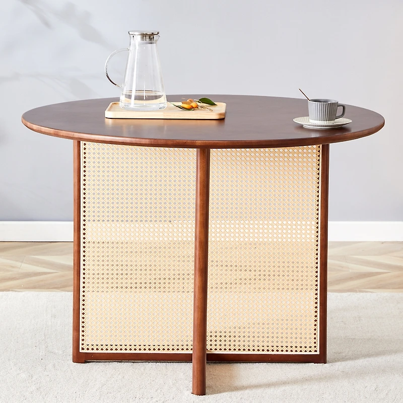 Streamdale Retro Chinese Solid Wood Round Imitation Rattan Table Desk