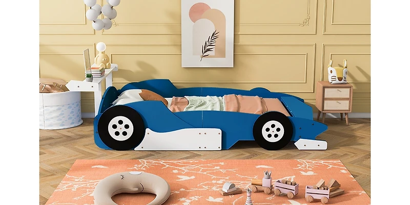 Streamdale Full Race Car-Shaped Platform Bed With Wheels, Blue