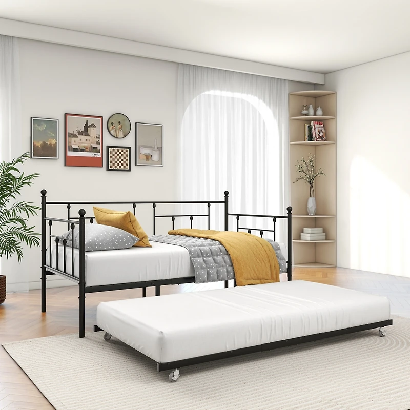 Streamdale Furniture Metal Daybed Frame Twin Size Platform With Trundle, No Box Spring Needed