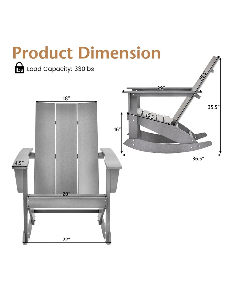 Slickblue Adirondack Rocking Chair with Curved Back for Balcony-Grey