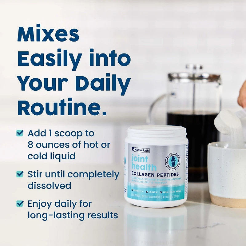 NativePath Joint Health Advanced Formula, Type 1 & 3 Peptides with Fortigel & Verisol, Grass-Fed Unflavored Collagen for Women & Men, 30 Servings