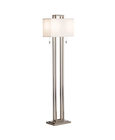 Possini Euro Design Modern Floor Lamp 62" Tall Brushed Nickel Openwork Rectangular Profile Off White Fabric Shade for Living Room Reading