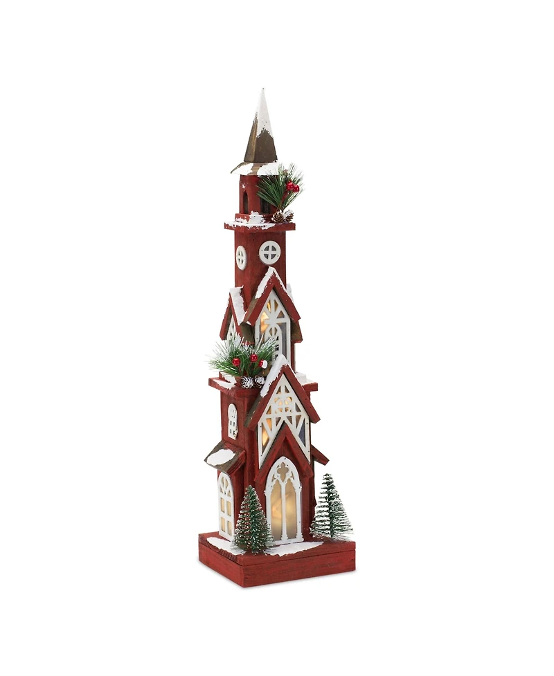 Slickblue Lighted Winter Church Display With Pine Accents And Snowy Finish