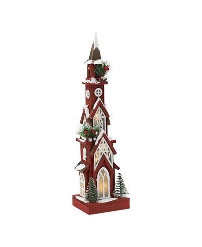 Slickblue Lighted Winter Church Display With Pine Accents And Snowy Finish