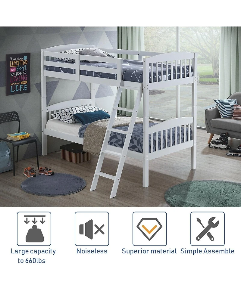 Hardwood Twin Bunk Bed Frames with Inclined Ladder and Safety Guardrails