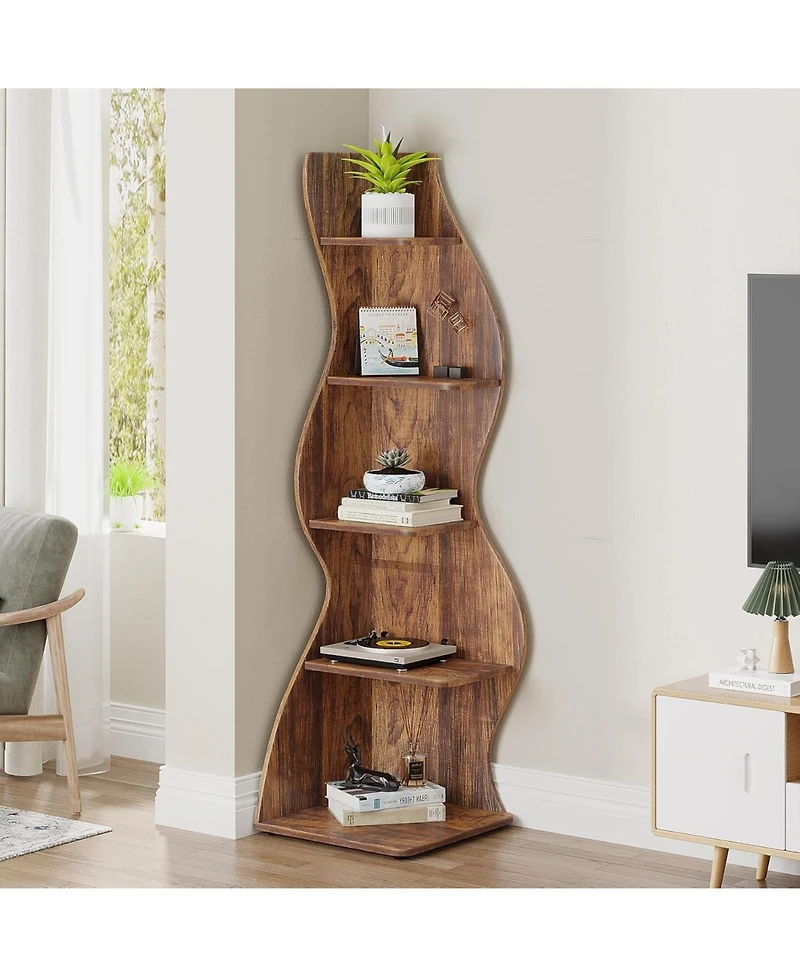 Tribesigns Corner Shelf, 5-Tier Wall Corner Bookshelf, Stylish Corner Small Bookcase Storage Rack Plant Stand with Unique Shape for Living Room, Home