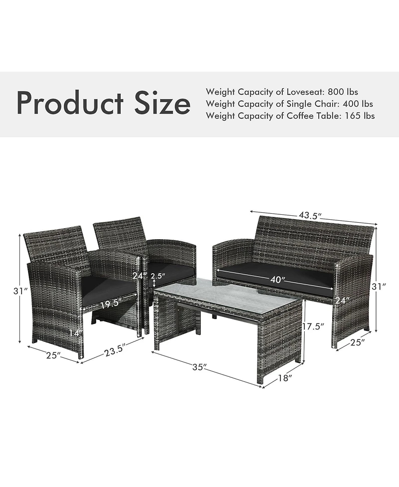 Slickblue 4 Pcs Patio Rattan Furniture Set Top Sofa With Glass Table