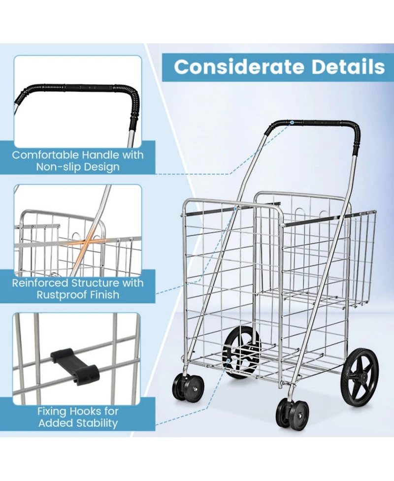 Sugift Folding Shopping Cart with Swiveling Wheels and Dual Storage Baskets