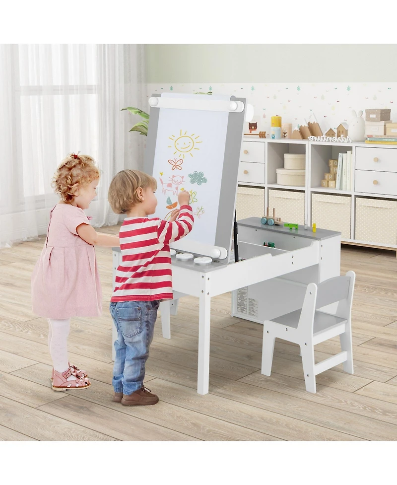Slickblue 2-in-1 Kids Wooden Art Table and Art Easel Set with Chairs Storage Bins Paper Roll