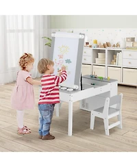 Slickblue 2-in-1 Kids Wooden Art Table and Art Easel Set with Chairs Storage Bins Paper Roll