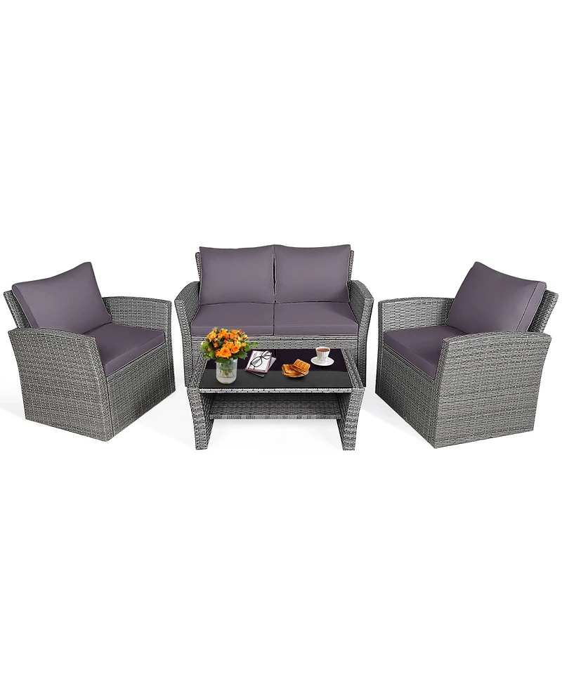 Slickblue 4 Pieces Patio Rattan Furniture Set Sofa Table with Storage Shelf Cushion
