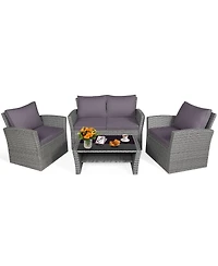 Slickblue 4 Pieces Patio Rattan Furniture Set Sofa Table with Storage Shelf Cushion
