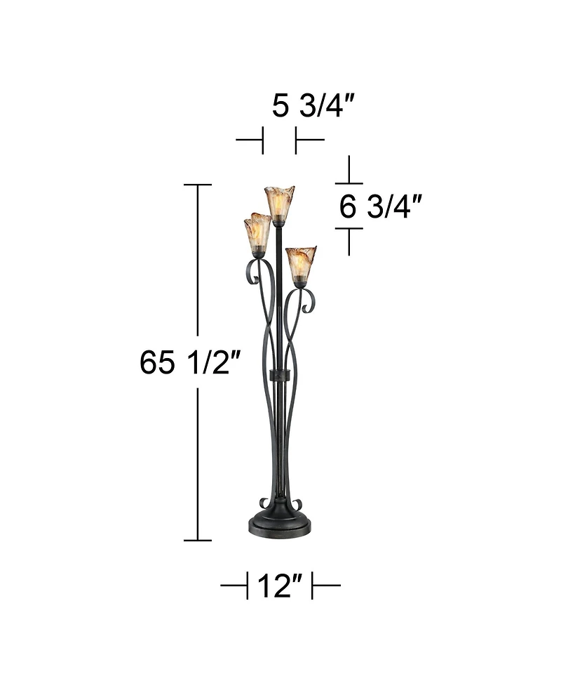 Franklin Iron Works Gardena Rustic Tree Floor Lamp 65 1/2" Tall Powder Coated Black 3 Light Wavy Amber Art Glass Shade for Living Room Reading Ho