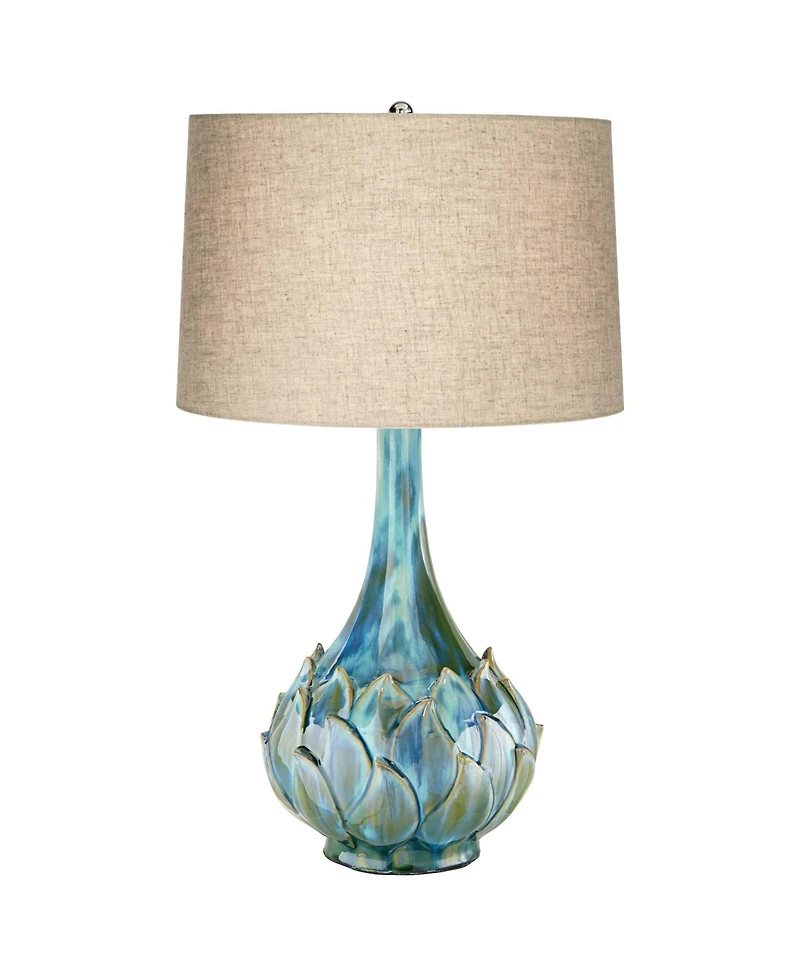 Kenya Modern Tropical Table Lamp with Dimmer 29 1/2" Tall Blue Green Glaze Ceramic Beige Linen Drum Shade for Bedroom Living Room House Home Beds